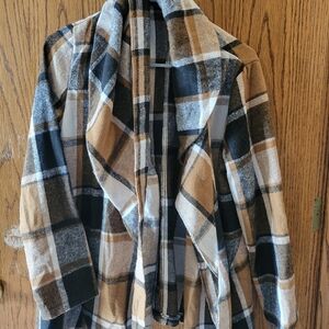 Plaid Open Front Cardigan Jacket in Black, Tan & Cream